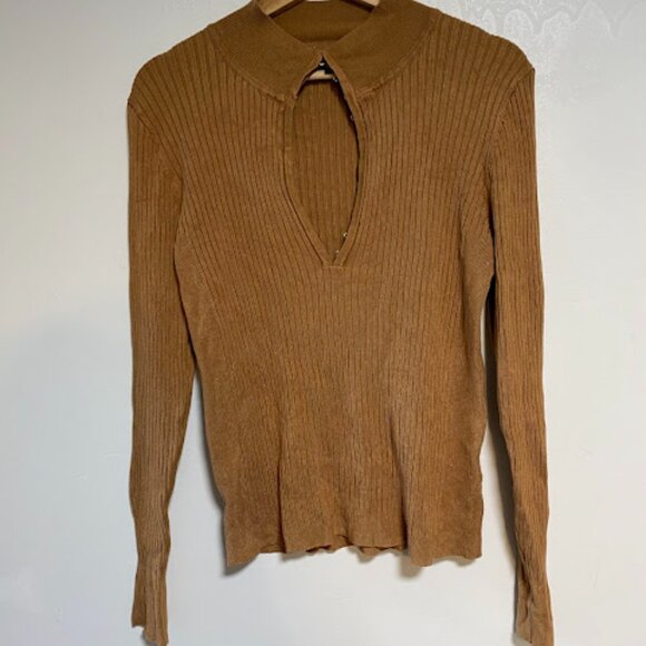 RW&CO. Brown Ribbed Knit Hook & Eye Women's Keyhole Top Size L - Picture 2 of 9